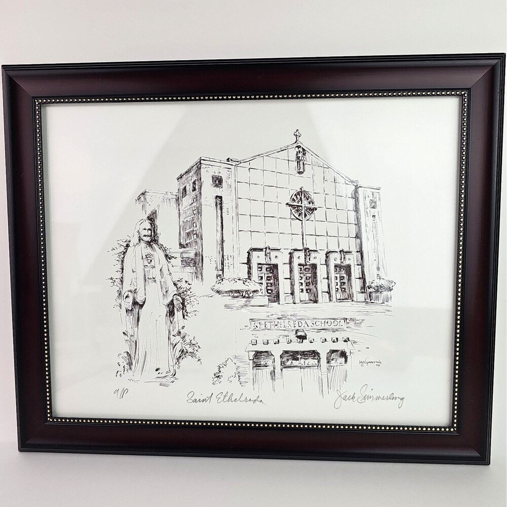 Chicago Saint Etheldreda School Framed Ink Sketch by Jack Simmerling 16x13 inch